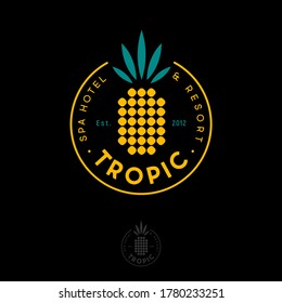 Tropic logo. Tropic Spa Hotel and Resort. Geometric symbol of pineapple into circle with letters.