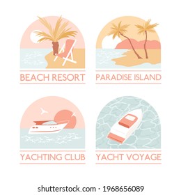 Tropic and marine vacation logo set. Yachting club, cruise weekend, beach rest, paradise resort illustrations collection. Palm trees, abstract landscapes with sunset and sea, ocean.