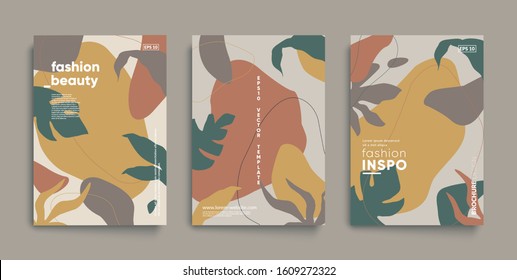 Tropic minimal cover templates. Geometric shapes mixed with botanical elements. Eps10 vector. 