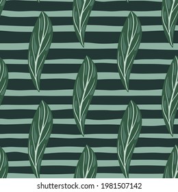 Tropic minimalistic seamless pattern with abstract leaves ornament. Green striped background. Doodle print. Designed for fabric design, textile print, wrapping, cover. Vector illustration.