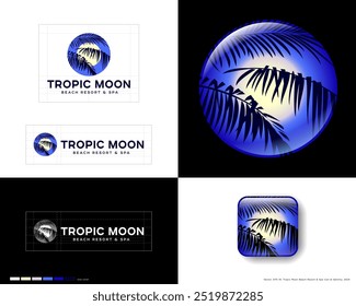 Ícone da Lua Trópica. Logotipo Moonlight. A lua e a palma saem do círculo. Identidade, ícone e botão de aplicativo.