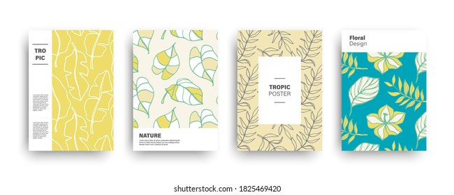Tropic nature exotic covers set. Hand drawn hawaiian plants, palm leaves pattern creative templates design. Retro vintage poster background, greeting card, wedding invitation. Vector illustration.