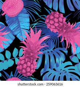 Naturaleza tropical fruta floral sin soldadura. Fondo veraniego exótico con hojas de plátano, flores y piña. Papel pintado de vectores de jungla estilo rosa azul de moda.