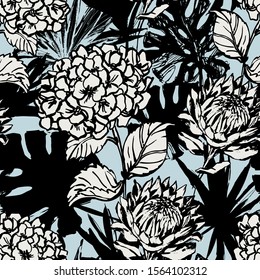 Tropic nature seamless pattern. Hand drawn abstract tropical summer background: hydrangea, protea flowers, palm, monstera leaves in silhouette, line art, grunge, scribble textures. Vector illustration