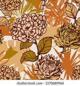 Tropic nature seamless pattern. Hand drawn tropical summer background: hydrangea, protea flowers, palm, monstera leaves in silhouette, line art, grunge texture. Vector illustration in retro colors
