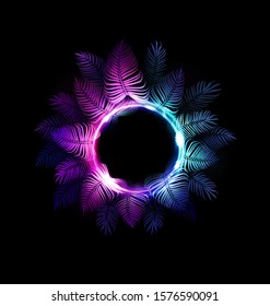 Tropic neon jungle night summer vector background. Hawaiian party. Dark tropical exotic illustration with palms and light neon circle for beach nightclub poster or sign, for edm music summer festival.