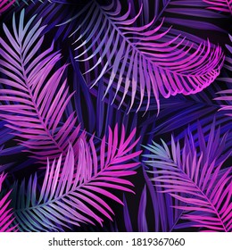 Tropic neon seamless vector background, summer tropical palm leaves vibrant pattern, hawaii floral illustration design for textile, backdrop, fashion decoration, trendy fabric, beach party poster