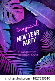 Tropic New Year Party Neon Flyer, Vibrant Vector Christmas Holiday Poster, Disco Monstera Palm Leaves Design, Winter Beach Holidays, Tropical Background, Paradise Purple Template Illustration