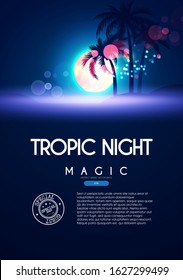 Tropic night. Beach party poster template with full moon, palms and bokeh effect.