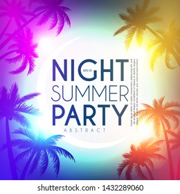 Tropic night summer party design template. Palms on a beach with light effects.