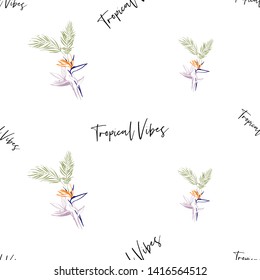 Tropic outline floral seamless pattern with tropical vibes text and strelitzia and palm leaf. Tropical wallpaper collection. Sketch in watercolor style. Hand drawn line on white background