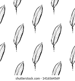 Tropic outline floral seamless pattern with black banana leaf. Tropical wallpaper collection. Sketch in watercolor style. Hand drawn line on white background