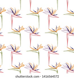 Tropic outline floral seamless pattern with pink strelitzia and green strelitzia. Tropical wallpaper collection. Sketch in watercolor style. Hand drawn line on white background