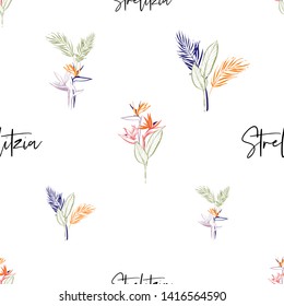 Tropic outline floral seamless pattern with strelitzia. Tropical wallpaper collection. Sketch in watercolor style. Hand drawn line on white background