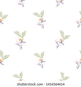 Tropic outline floral seamless pattern with strelitzia and palm leaf. Tropical wallpaper collection. Sketch in watercolor style. Hand drawn line on white background