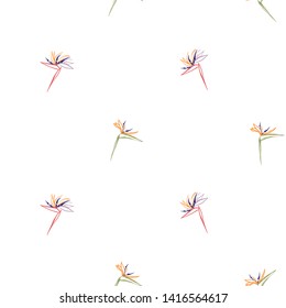 Tropic outline floral seamless pattern with pink strelitzia and green strelitzia. Tropical wallpaper collection. Sketch in watercolor style. Hand drawn line on white background