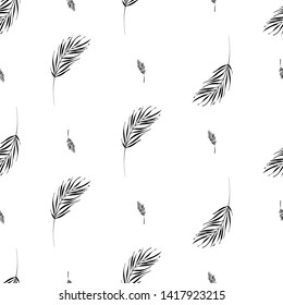 Tropic outline floral seamless pattern with black palm leaf and beautiful palm leaf. Tropical wallpaper collection. Sketch in watercolor style. Hand drawn line on white background