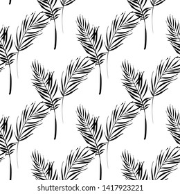 Tropic outline floral seamless pattern with black palm leaf and beautiful palm leaf. Tropical wallpaper collection. Sketch in watercolor style. Hand drawn line on white background