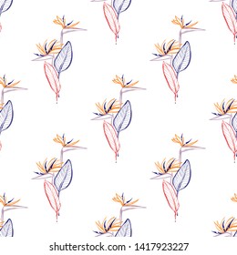 Tropic outline floral seamless pattern with colorful strelitzia. Tropical wallpaper collection. Sketch in watercolor style. Hand drawn line on white background