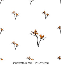 Tropic outline floral seamless pattern with beautiful strelitzia. Tropical wallpaper collection. Sketch in watercolor style. Hand drawn line on white background