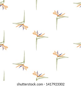 Tropic outline floral seamless pattern with green strelitzia. Tropical wallpaper collection. Sketch in watercolor style. Hand drawn line on white background