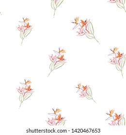 Tropic outline floral seamless pattern with tropical flowers. Tropical wallpaper collection. Sketch in watercolor style. Hand drawn line on white background