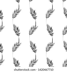 Tropic outline floral seamless pattern with black palm leaf and beautiful palm leaf. Tropical wallpaper collection. Sketch in watercolor style. Hand drawn line on white background