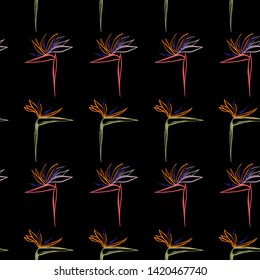 Tropic outline floral seamless pattern with pink strelitzia and green strelitzia. Tropical wallpaper collection. Sketch in watercolor style. Hand drawn line on white background