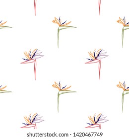 Tropic outline floral seamless pattern with pink strelitzia and green strelitzia. Tropical wallpaper collection. Sketch in watercolor style. Hand drawn line on white background