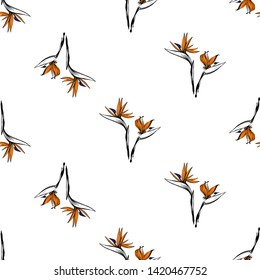 Tropic outline floral seamless pattern with beautiful strelitzia. Tropical wallpaper collection. Sketch in watercolor style. Hand drawn line on white background