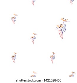 Tropic outline floral seamless pattern with colorful strelitzia. Tropical wallpaper collection. Sketch in watercolor style. Hand drawn line on white background
