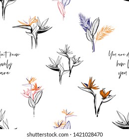 Tropic outline floral seamless pattern with colorful strelitzia, tropical flowers.