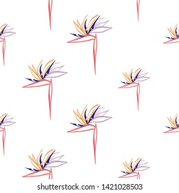 Tropic outline floral seamless pattern with pink strelitzia. Tropical wallpaper collection. Sketch in watercolor style. Hand drawn line on white background