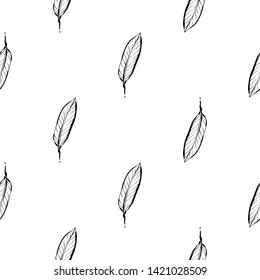 Tropic outline floral seamless pattern with black banana leaf. Tropical wallpaper collection. Sketch in watercolor style. Hand drawn line on white background