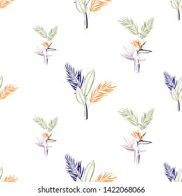 Tropic outline floral seamless pattern with strelitzia and palm leaf and palm leaves bouquet. Tropical wallpaper collection. Sketch in watercolor style. Hand drawn line on white background