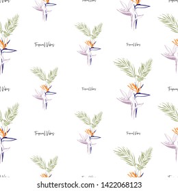 Tropic outline floral seamless pattern with tropical vibes text and strelitzia and palm leaf. Tropical wallpaper collection. Sketch in watercolor style. Hand drawn line on white background