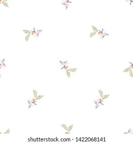 Tropic outline floral seamless pattern with strelitzia and palm leaf. Tropical wallpaper collection. Sketch in watercolor style. Hand drawn line on white background
