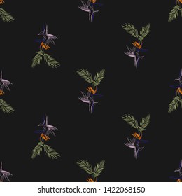 Tropic outline floral seamless pattern with strelitzia and palm leaf. Tropical wallpaper collection. Sketch in watercolor style. Hand drawn line on white background