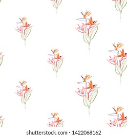 Tropic outline floral seamless pattern with tropical flowers. Tropical wallpaper collection. Sketch in watercolor style. Hand drawn line on white background