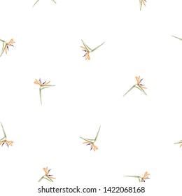 Tropic outline floral seamless pattern with green strelitzia. Tropical wallpaper collection. Sketch in watercolor style. Hand drawn line on white background
