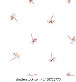 Tropic outline floral seamless pattern with pink strelitzia. Tropical wallpaper collection. Sketch in watercolor style. Hand drawn line on white background