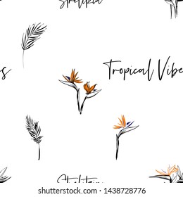 Tropic outline floral seamless pattern with strelitzia and palm leaf. Tropical wallpaper collection. Sketch in watercolor style. Hand drawn line on white background