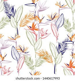 Tropic outline floral seamless pattern with colorful strelitzia, palm leaves. Tropical tracery collection. Hand drawn sketch in watercolor style.