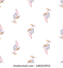 Tropic outline floral seamless pattern with colorful strelitzia. Tropical wallpaper collection. Sketch in watercolor style. Hand drawn line on white background.