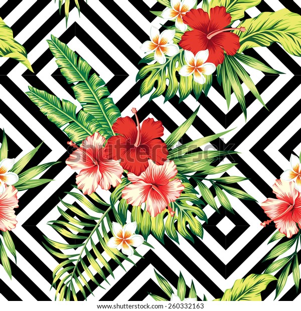 Tropic painting floral wallpaper. Red and pink hibiscus, plumeria and palm banana leaf. Vector geometric black and white background. Seamless pattern