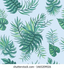 Tropic painting seamless pattern with tropical leaves. Tropical botanical Motives. Vector illustration. Summer decoration print for wrapping, wallpaper, fabric. 