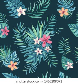 Tropic painting seamless pattern with tropical leaves and plumeria . Tropical botanical Motives. Vector illustration. Summer decoration print for wrapping, wallpaper, fabric. 