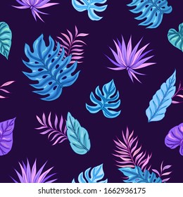 Pintura tropical sin fisuras con hojas tropicales. Motivos botánicos tropicales. Ilustración vectorial. Decoración de verano para envolturas, papel pintado, tela. 