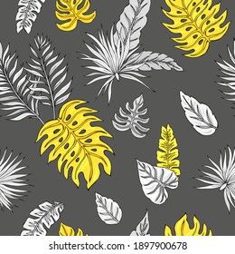 Tropische Malerei nahtlose Muster mit tropischen Blättern. Tropische botanische Motive. Vektorgrafik. Sommerdekorationsdruck für Umhüllung, Tapete, Stoff. 