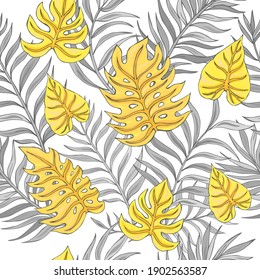 Patrón de pintura tropical sin fisuras con hojas tropicales. Motivos botánicos tropicales. Ilustración vectorial. La decoración de verano se imprime para envolver, papel pintado y tela. 